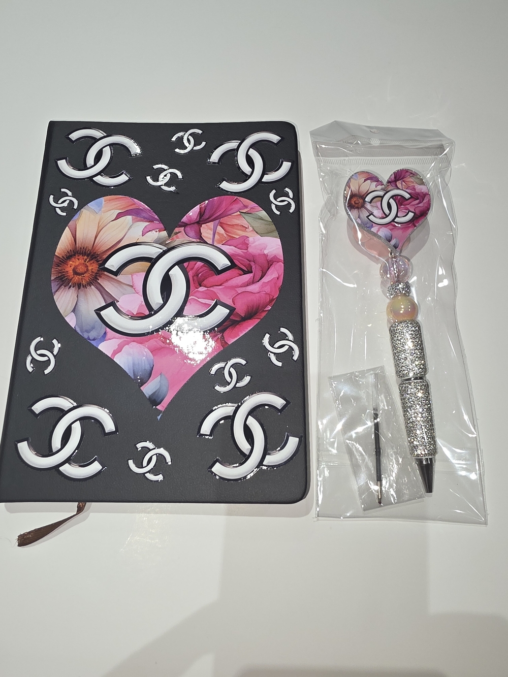 Fashion Inspired Luxury Floral Heart Notebook and Glitter Pen Set - Pink